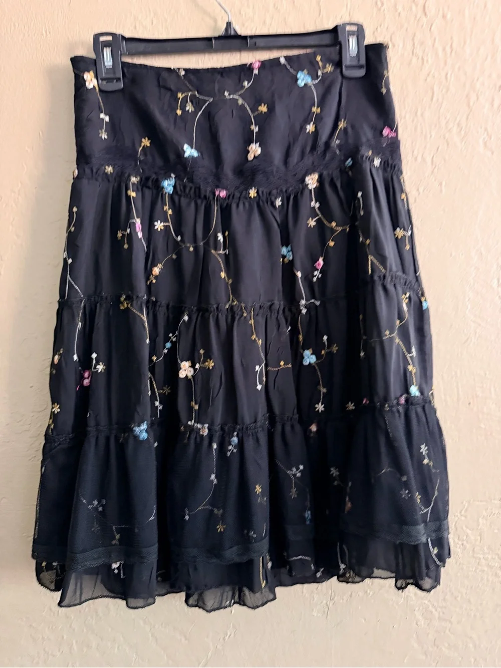 Floral Embroidered Black Tiered Midi Skirt